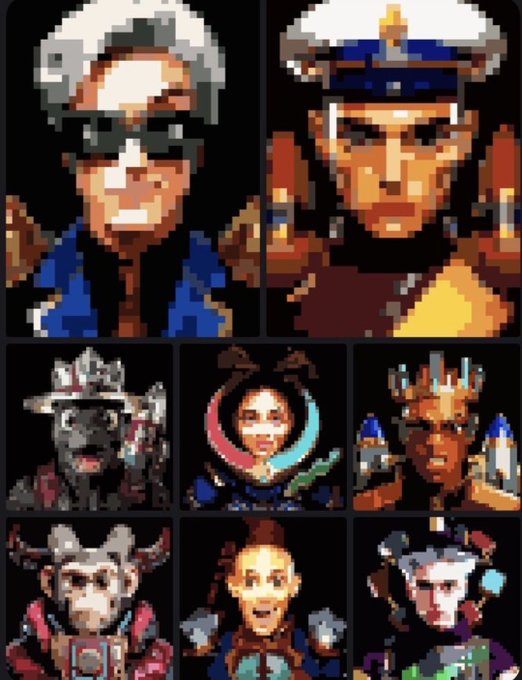 A pixel-art character select screen displaying eight portrait-style character sprites arranged in a grid, featuring various warriors, soldiers, and stylized figures in a retro 16-bit aesthetic.