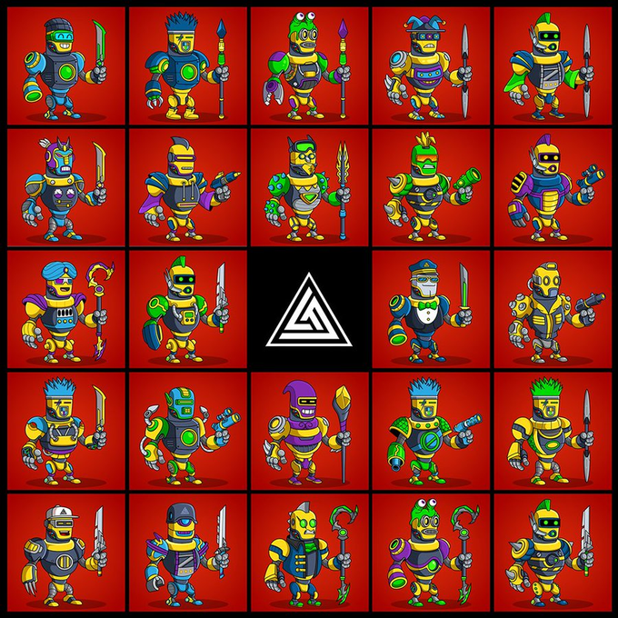 A 5x5 grid of colorful cartoon robot warrior characters with various weapons on red backgrounds, with the center tile replaced by a white triangular logo on black.