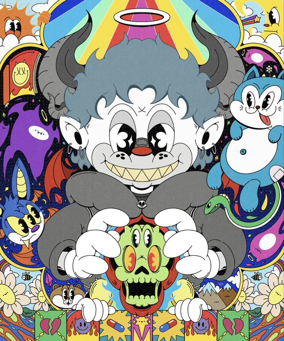 A vibrant, chaotic cartoon illustration featuring a central demonic clown character with a halo and horns holding a screaming green face, surrounded by various colorful creatures and abstract shapes.
