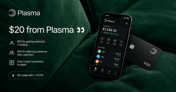 A promotional graphic for 'Plasma' offers '$20 from Plasma' with details for getting selected, referring someone, and notes '50 codes left - FCFS' next to a phone displaying a balance of $1,248.32.