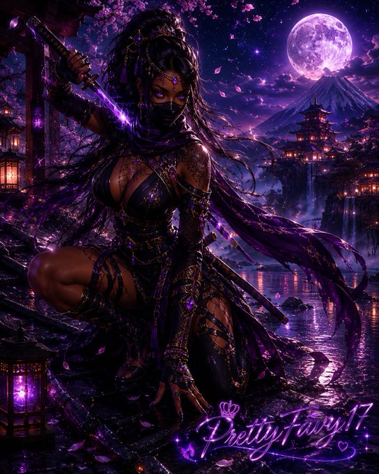 Fantasy digital artwork of a female ninja warrior in dark purple attire wielding a glowing purple sword, set against a Japanese landscape with Mount Fuji, a pagoda, and a full purple moon, signed 'PrettyFairy17'.
