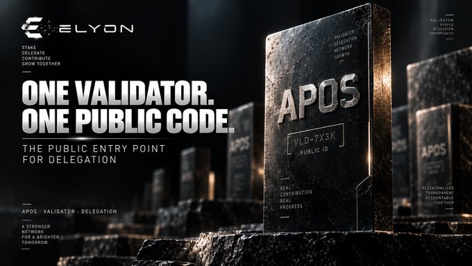 A promotional graphic for 'ELYON' featuring the text 'ONE VALIDATOR. ONE PUBLIC CODE.' and 'THE PUBLIC ENTRY POINT FOR DELEGATION', displayed on dark stone blocks labeled 'APOS' with the ID 'YLD-7X3K'.