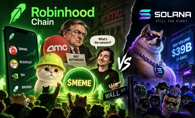 The image depicts a dramatic showdown between Robinhood Chain and Solana, featuring a smartphone showing Robinhood's meme tokens ($MEME, $CASHCAT, $AI, $BONER), alongside characters including a cat in a hard hat, a gavel-wielding man holding a "NOT AUTHORIZED" sign, and a sunglasses-wearing Shiba Inu dog labeled "SOLANA – STILL THE KING?" with a "DEX VOLUME $39B (1 DAY)" sign, all set against a Wall Street backdrop with a "VS" in the center. The post highlights how Robinhood Chain's meme ecosystem, exemplified by $CASHCAT and $MEME, is challenging Solana's dominance in the meme coin space.