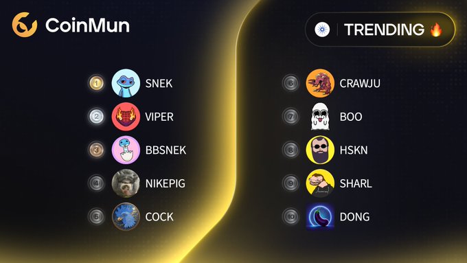 The image shows a computer screen with a list of various cryptocurrency names, including Bitcoin, SnEk, Vipercoin, BBSNEK, VIPER, COCK, CRAWJU, BOOO, HSN, SHARL, DONG, and HOSKIN. The post is titled "Trending" and has a yellow background with the words "CoinMun" written in white at the top of the screen.