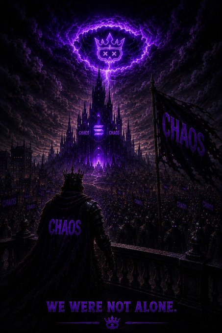 A similar dark fantasy scene showing a crowned figure overlooking a massive army toward a purple-lit castle with "CHAOS" banners, beneath a skull-and-crown emblem. Text reads: "WE WERE NOT ALONE."