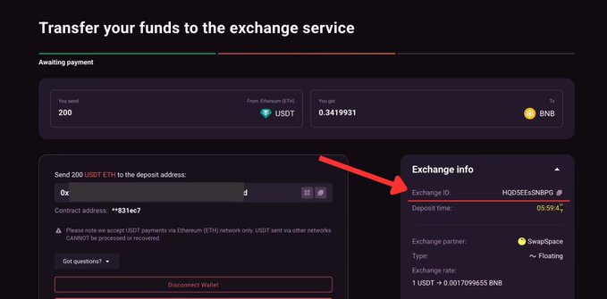 A cryptocurrency exchange interface instructing the user to 'Transfer your funds to the exchange service,' showing a transaction of 200 USDT to 0.3419931 BNB, with a red arrow pointing to the Exchange ID 'HQD5E6SNBPG' on the Exchange Info panel via SwapSpace.
