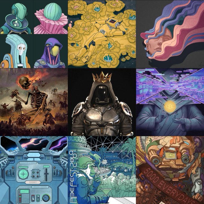 A 3x3 grid showcases various distinct digital illustrations, including sci-fi characters, skeletons, abstract figures, and scenes, with text 'PERFECT 2000' and '5000 EVERYDAY' visible on some panels.