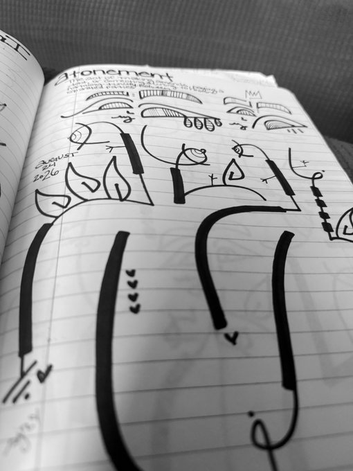 A black ink sketch in a notebook titled "atonement," featuring stylized character designs and eyes with notes like "AUGUST 26".