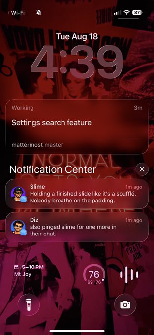 iPhone lock screen showing 4:39 on Tue Aug 18 with a Notification Center preview displaying messages from 'Slime' and 'Diz' on mattermost master.