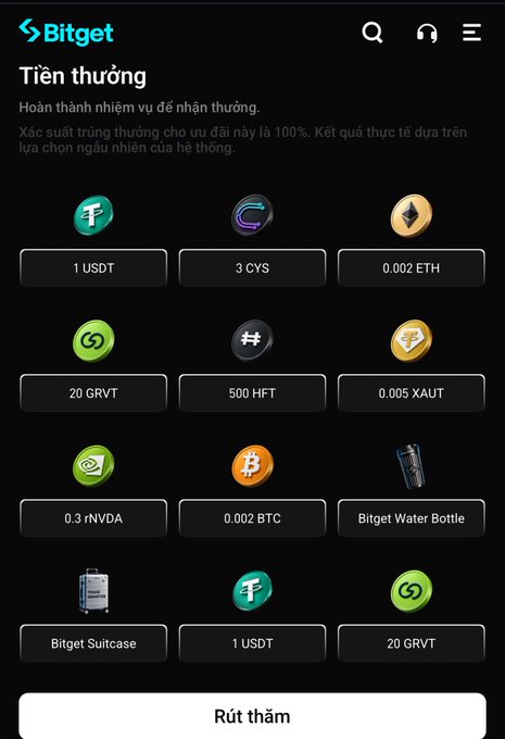 The image shows a Bitget rewards page titled "Tiền thưởng" (Rewards) featuring a grid of prize options including 1 USDT, 3 CYS, 0.002 ETH, 20 GRVT, 500 HFT, 0.005 XAUT, 0.3 nVDA, 0.002 BTC, a Bitget Water Bottle, and a Bitget Suitcase. The caption relates to the post's mention of the Bitget Suitcase and Bitget water bottle being notable non-crypto rewards in the prize pool.