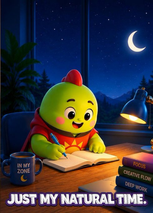 A cute green character wearing a red superhero cape writes in a notebook at a desk, with a mug labeled 'IN MY ZONE' and books labeled 'FOCUS', 'CREATIVE FLOW', and 'DEEP WORK', under the caption 'JUST MY NATURAL TIME.'