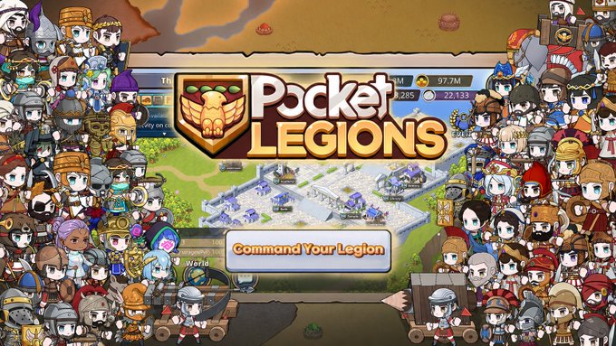 The image features a poster for Pocket Legends, an open world strategy RPG game that allows players to create their own characters and engage in various activities within a virtual environment. The poster showcases a large group of people gathered around a central area with a shield design, symbolizing unity or protection. The title "Pocket Legends" is prominently displayed at the top, while the phrase "I said this already and I shall say it twice more: The Roman Empire is coming to mobile!" is written below the image in white text.