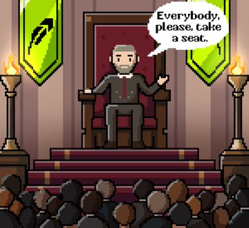 A pixel art illustration of a gray-bearded man in a suit sitting on a throne, addressing a crowd with the speech bubble 'Everybody, please, take a seat.'