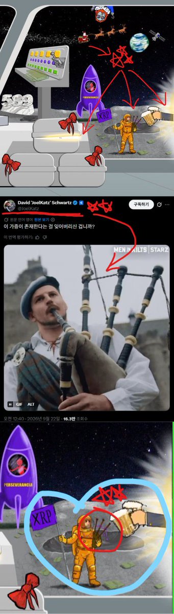 A multi-panel post by David Joel Katz (DavidKatz) discussing a 'PERSEVERANCIA' space scene, including a screenshot of a bagpiper from the show 'MEN IN KILTS | STARZ'.