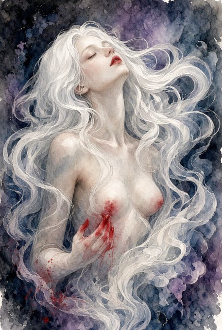 A pale woman with long, flowing white hair floats with her eyes closed and head tilted back, her chest and hand marked by red wounds against a dark, watercolor-style background.