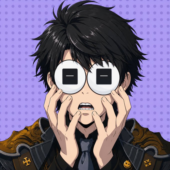A cartoon-style illustration of an anime character with black hair wearing ornate shoulder armor, who appears shocked or distressed with wide eyes and hands framing his face, set against a purple dotted background.