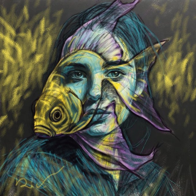 The image features a woman with a fish face, which has been artistically rendered using watercolor techniques. The painting depicts a girl's face with a fish head, creating an interesting and unique visual effect. The background of the artwork consists of black and yellow colors, adding depth and contrast to the piece. The post that accompanies this image is tagged with "@solana", indicating that it was likely shared on social media or posted online by someone named @solana.