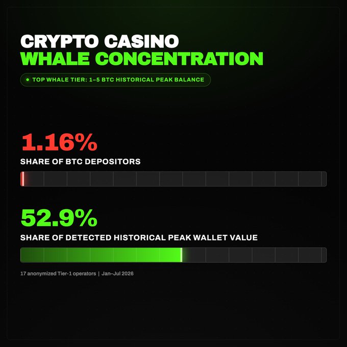 Statistical infographic about 'CRYPTO CASINO WHALE CONCENTRATION' showing that 1.16% of BTC depositors hold 52.9% of detected historical peak wallet value, based on 17 anonymized Tier-1 operators from Jan-Jul 2026.