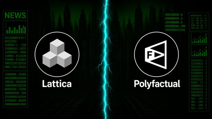 The image shows a split graphic with logos for "Lattica" (left, featuring a stacked cube design) and "Polyfactual" (right, featuring an "F" triangle symbol), separated by a green lightning bolt against a dark cityscape background with scrolling stock-ticker style data panels displaying numbers and code snippets.