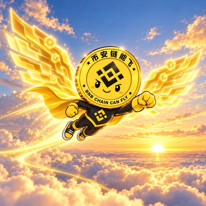 A BNB coin mascot with wings flies through golden clouds at sunset, featuring the text "BNB CHAIN CAN FLY" and Chinese characters "币安链能飞".