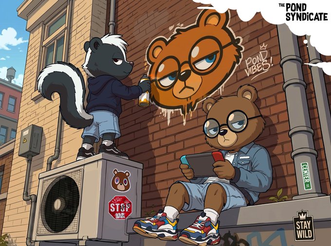 The image features a cartoon scene of two cartoon bears sitting next to each other, with one bear holding a Nintendo Wii controller while the other has a skateboard. The background shows a brick wall with graffiti art depicting a brown bear wearing glasses and a red hat. A sign on the wall reads "Stay Wild".