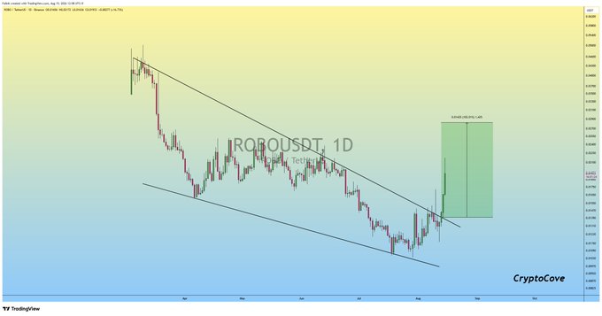 A daily chart of ROBOUSDT shows a falling wedge pattern with a successful breakout, marked by a green rectangle labeled "0.618(0.0020)-3.49%" indicating a projected target zone near $0.002, aligning with the post's claim of a 50% profit since the breakout.