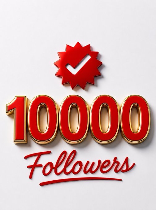 A graphic celebrating '100000 Followers' in red and gold 3D text, featuring a red starburst badge with a checkmark.