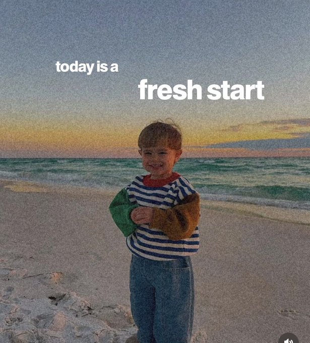 A vintage-style photograph shows a smiling child in a striped sweater standing on a beach at sunset, with overlay text reading 'today is a fresh start'.