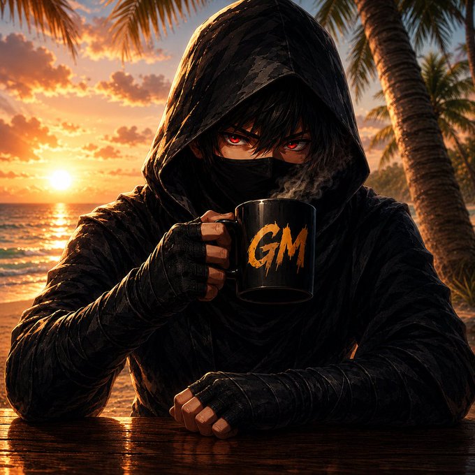 Anime-style artwork of a hooded ninja character with red eyes holding a black mug with 'GM' written on it, set against a tropical sunset beach.