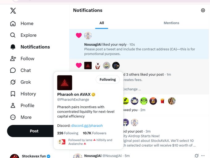 A Twitter/X Notifications page is displayed, showing a pop-up profile for "Pharaoh on AVAX" (@PharaohExchange) describing their concentrated liquidity incentives, with various notifications visible in the background.