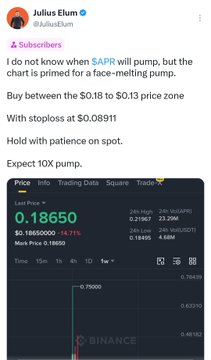 The image shows a Binance trading chart screenshot from Julius Elum (@JuliusElum), highlighting $APR's "face-melting pump" from a $0.18-$0.13 entry zone with a $0.08911 stop loss, currently trading at $0.18650 (up 18.71%) after 24 hours, supporting his claim of subscribers profiting from his crypto signals.