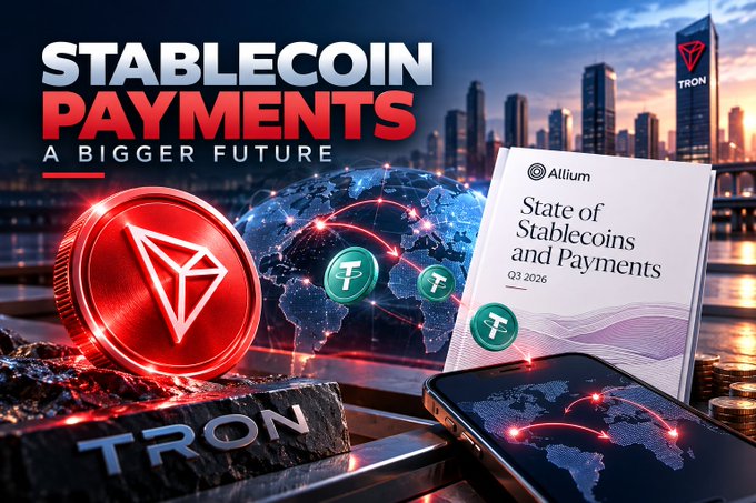 A promotional banner reads 'STABLECOIN PAYMENTS A BIGGER FUTURE' and 'TRON,' featuring a red TRON coin and a phone displaying a report titled 'State of Stablecoins and Payments Q3 2026.'