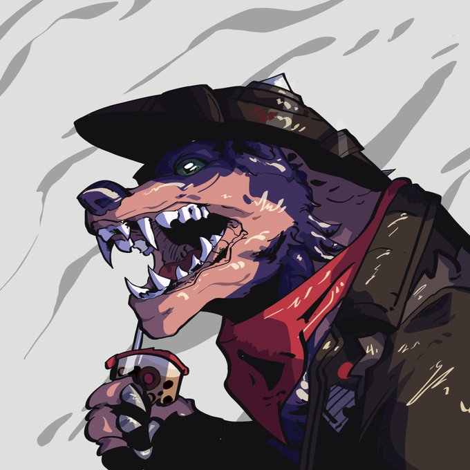 A snarling, fanged anthropomorphic creature wearing a wide-brimmed hat and red bandana grins menacingly while clutching a cup—appearing to be the custom 1/1 NFT artwork designed by @Fangonchain that secured the poster's guaranteed spots and whitelist slots.