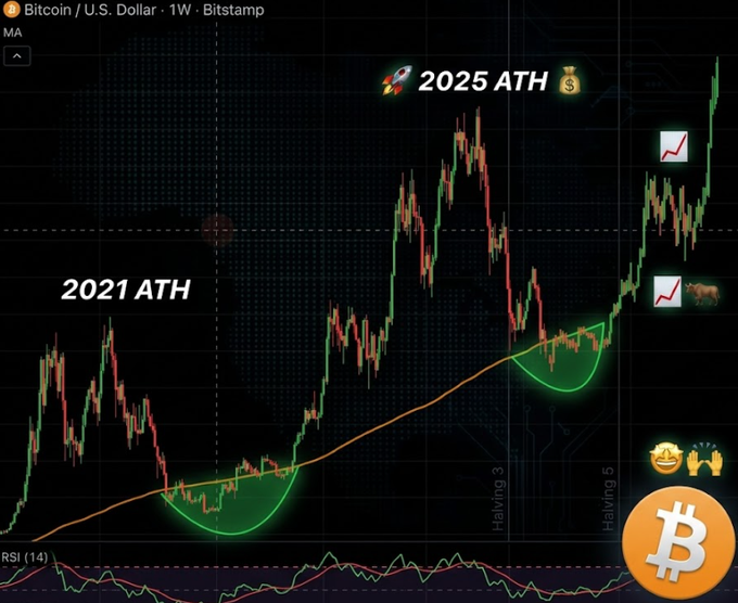 A Bitcoin/U.S. Dollar weekly Bitstamp chart showing two green cup-and-handle patterns labeled '2021 ATH' and '2025 ATH', with annotations for Halving 3 and Halving 5 events.