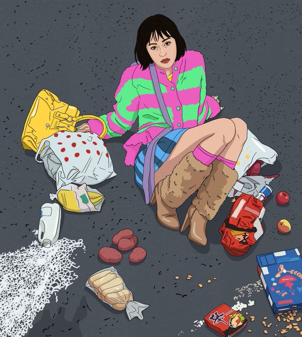 A stylized illustration of a woman in a pink and green striped sweater, blue plaid skirt, and fur-trimmed boots sitting on the ground surrounded by scattered groceries, chips, and spilled items.