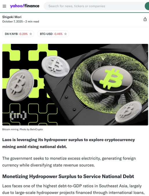 A Yahoo Finance article by Shigeiki Mori titled 'Laos is leveraging its hydropower surplus to explore cryptocurrency mining amid rising national debt,' featuring an image of a Bitcoin mining rig.