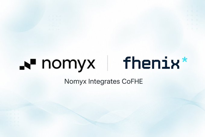 A clean white promotional graphic announcing 'Nomyx Integrates CoFHE' with the Nomyx and Fhenix logos side by side.