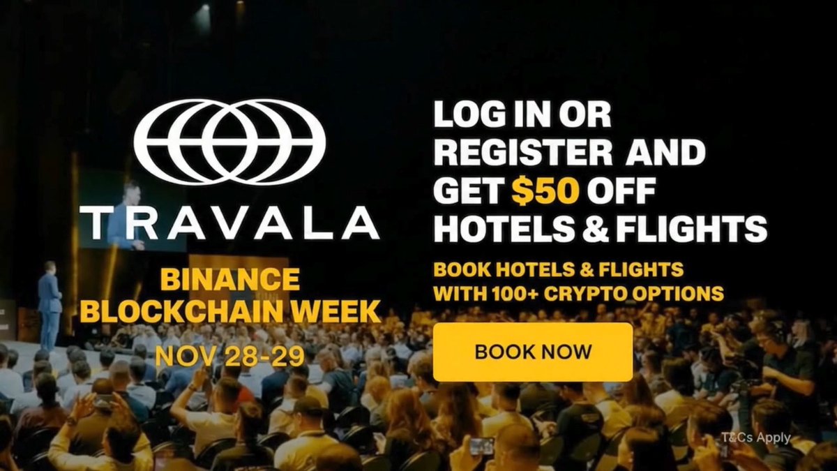 An advertisement for Travala promoting 'BINANCE BLOCKCHAIN WEEK NOV 28-29' with an offer to 'LOG IN OR REGISTER AND GET $50 OFF HOTELS & FLIGHTS' and 'BOOK HOTELS & FLIGHTS WITH 100+ CRYPTO OPTIONS'.