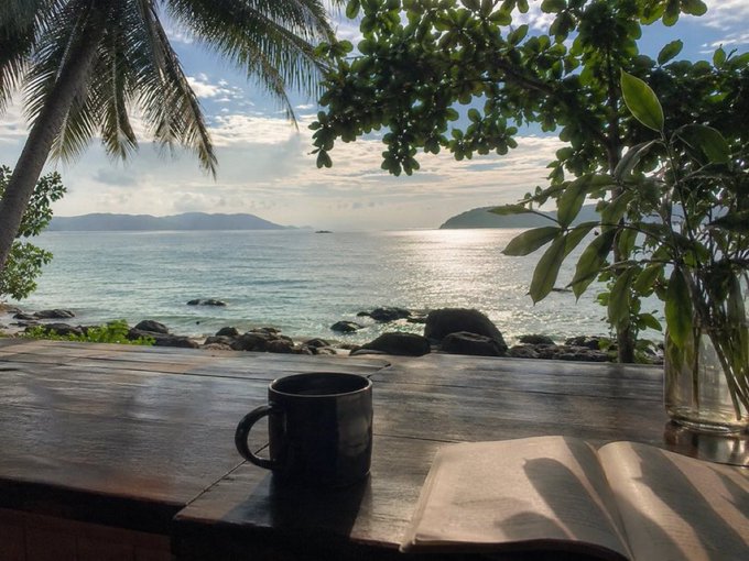 A serene coastal scene with a coffee mug and open book on a wooden table, overlooking the ocean with mountains in the distance and tropical foliage framing the view.