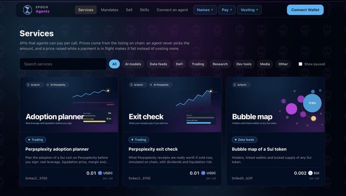 A screenshot of the Epoch Agents website displaying services like "Adoption planner" and "Exit check" powered by Perplexity, with prices listed in USDC and Sui tokens.