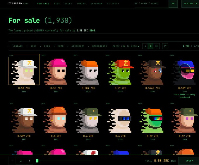 A webpage titled 'ZILKROAD beta' showing a 'For sale (1,930)' section of pixelated NFTs with prices in ZEC. The header lists tabs like 'TRAITS', 'EXPLORER', and 'ACTIVITY'.