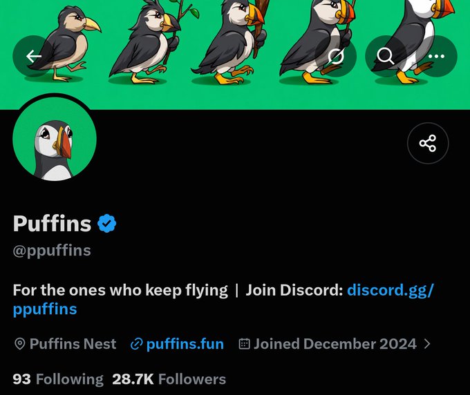 This image shows the Twitter/X profile for "Puffins" (@ppuffins), an NFT collection with 28.7K followers, featuring a verified account with animated puffin artwork as the banner. The profile's location is listed as "Puffins Nest" with the website puffins.fun, and the bio reads "For the ones who keep flying | Join Discord: discord.gg/ppuffins," aligning with the post announcing their upcoming pixelated puffin NFT mint on OpenSea with a supply of 3,333 tokens.