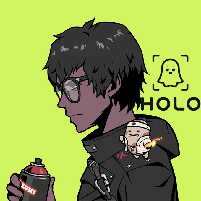 An anime-style illustration shows a dark-skinned character with black hair and sunglasses in profile against a bright green background, accompanied by the text 'HOLO' next to a ghost icon and a small cartoon figure on their shoulder.