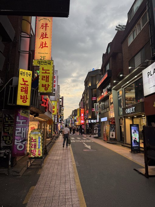 A bustling Seoul street at dusk comes alive with vibrant neon signs and Korean storefronts, including signs for "ChinJja Fish," "대원인력," "노래방" (noraebang/karaoke), "OBJET," and "tomato" (토마토), capturing the city's electric evening atmosphere. The glowing signage and urban energy perfectly embody the "insane aura" of Seoul's nightlife.