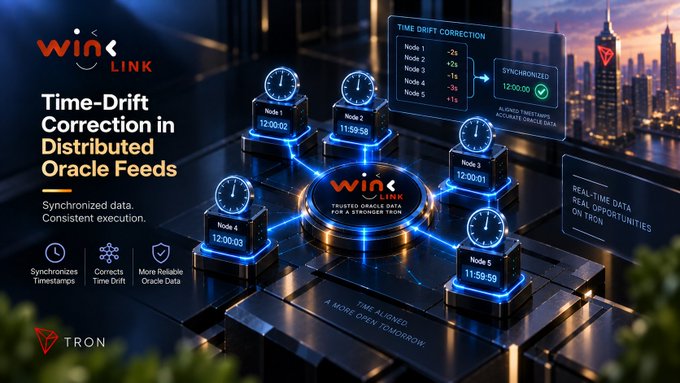 A promotional graphic for WINk Link featuring the text 'Time-Drift Correction in Distributed Oracle Feeds,' showing synchronized clocks on nodes connected to a central hub with a TRON logo and city skyline backdrop.