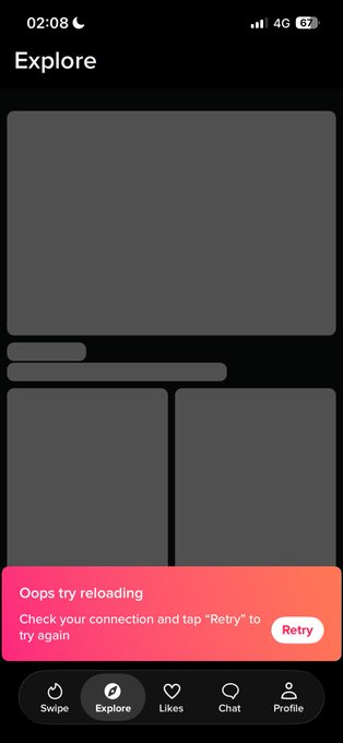 Mobile app screenshot of an 'Explore' page showing placeholder gray cards and an error message: 'Oops try reloading — Check your connection and tap "Retry" to try again.'