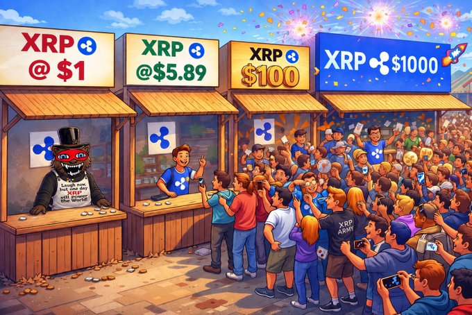An illustrated scene showing four XRP market stalls with increasing prices ($1, $5.89, $100, $1000), with a crowd of eager buyers pushing toward the more expensive booths, while a single somber bear-like figure in a top hat tends the abandoned $1 stall with a sign about lost dreams.