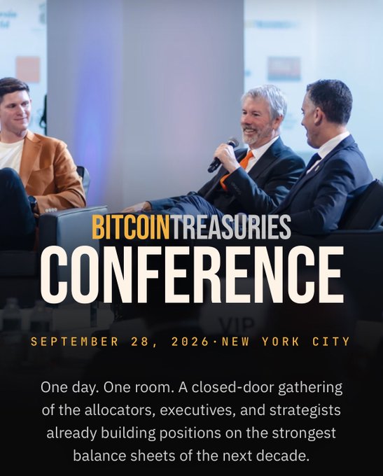 An advertisement for the Bitcoin Treasuries Conference scheduled for September 28, 2026, in New York City, showing three men in suits seated on a stage with one holding a microphone.
