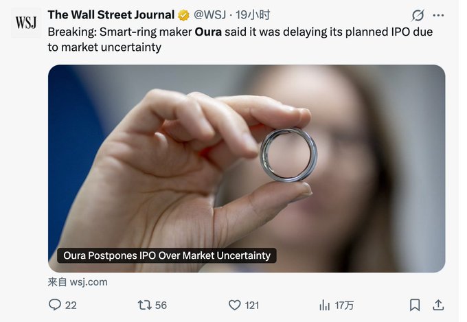 A Wall Street Journal (@WSJ) tweet breaking that smart-ring maker Oura is delaying its planned IPO due to market uncertainty, featuring an image of a hand holding a silver smart ring.
