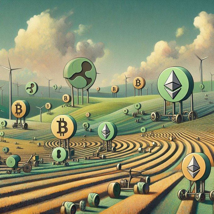 A surreal illustration depicts a green landscape filled with large circular monuments bearing cryptocurrency symbols like Bitcoin (₿) and Ethereum, alongside wind turbines and strange wheeled contraptions.